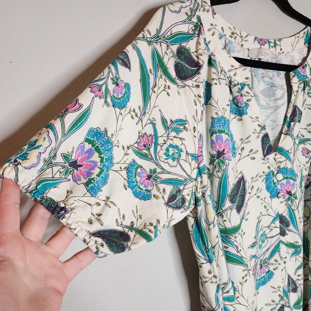 Ann Taylor Loft Linen Floral V-Neck Puff Sleeve Midi Dress Size MP Belted - Picture 14 of 16